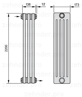 Схема (чертеж) Радиатор Zehnder Charleston 5220/3 №1670 Белый глянцевый RAL 9016